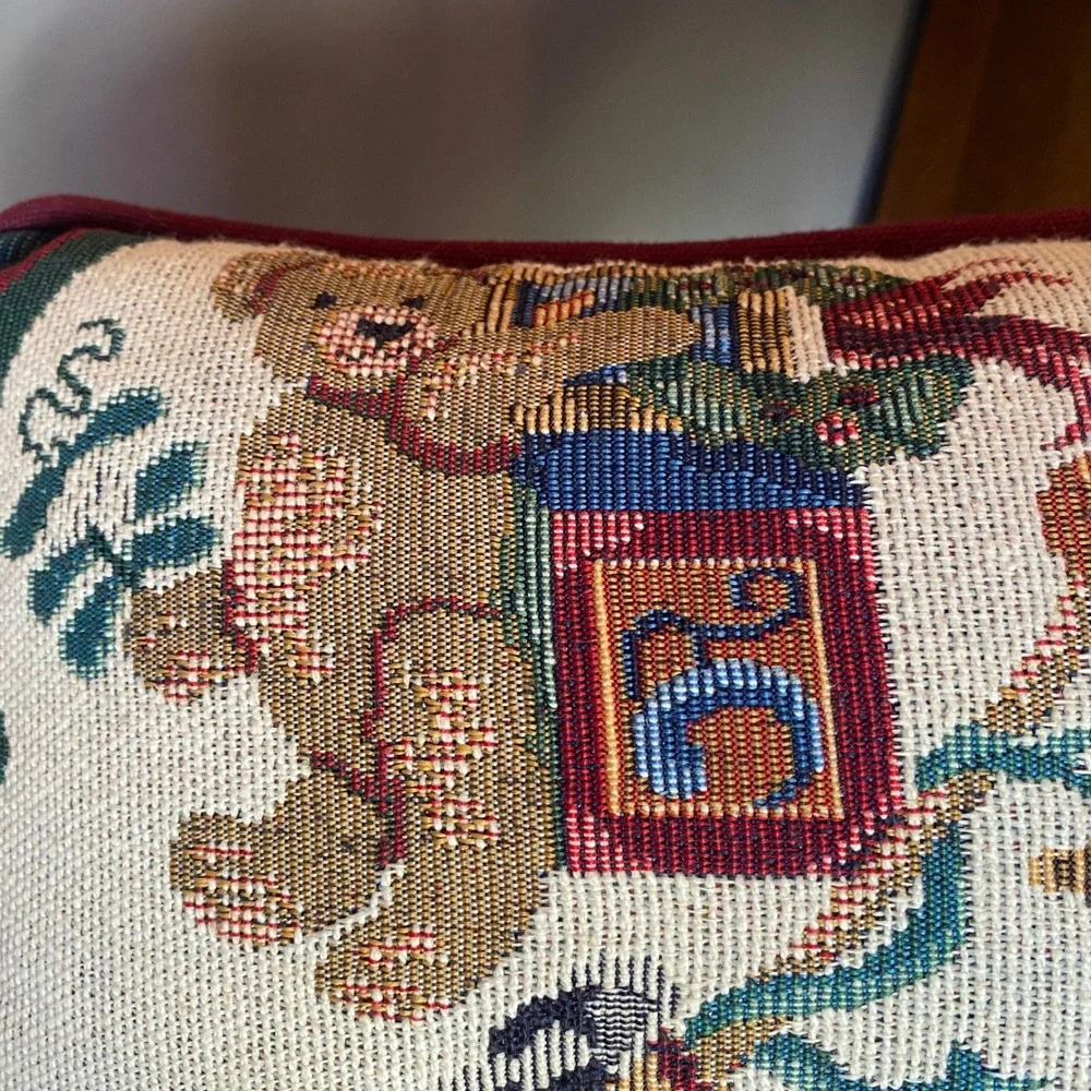 Vintage Christmas Stocking Tapestry Pillow Nutcracker Teddy Bear Burgundy Back‎